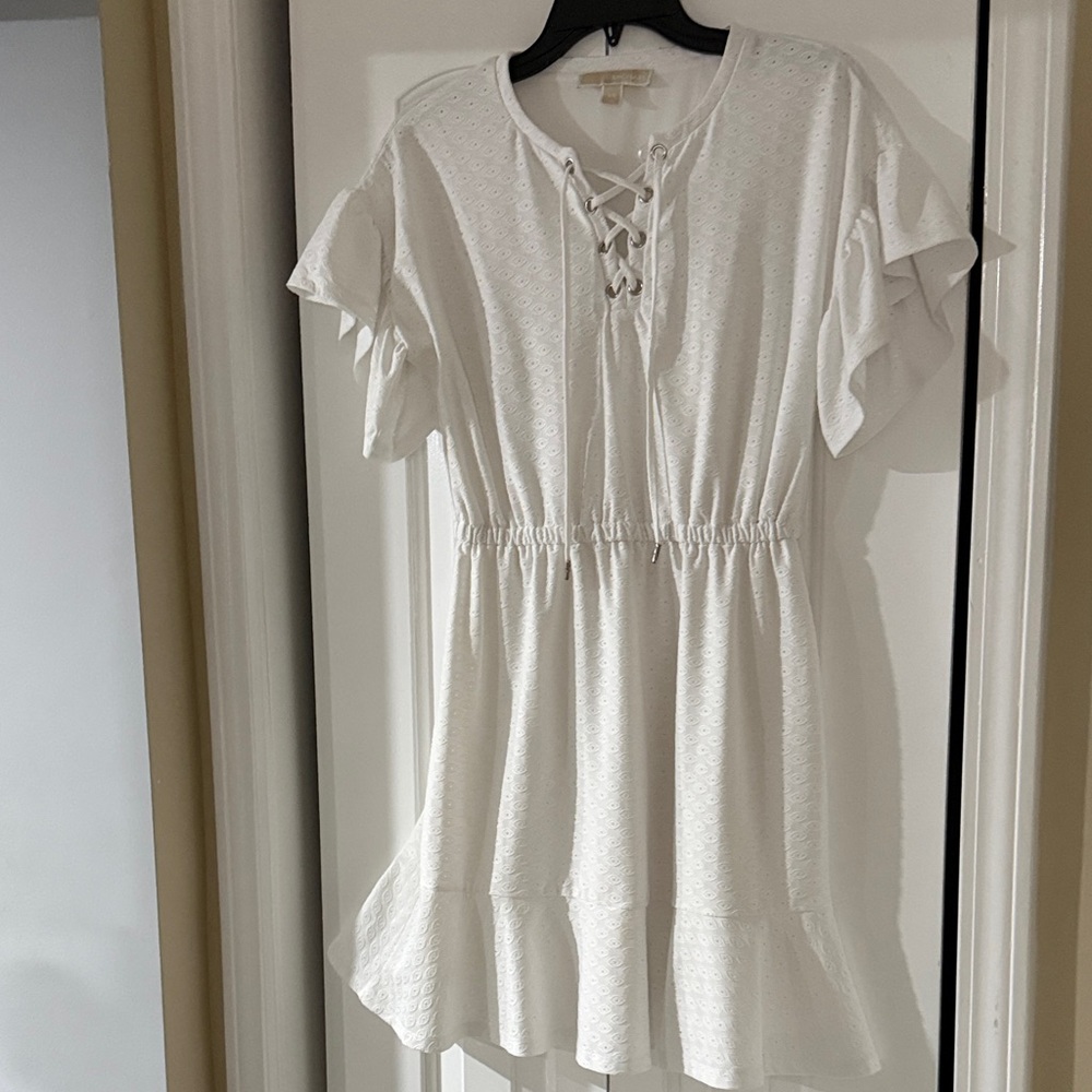 Michael Kors White Eyelet Lace-Up Ruffle Mini Dress